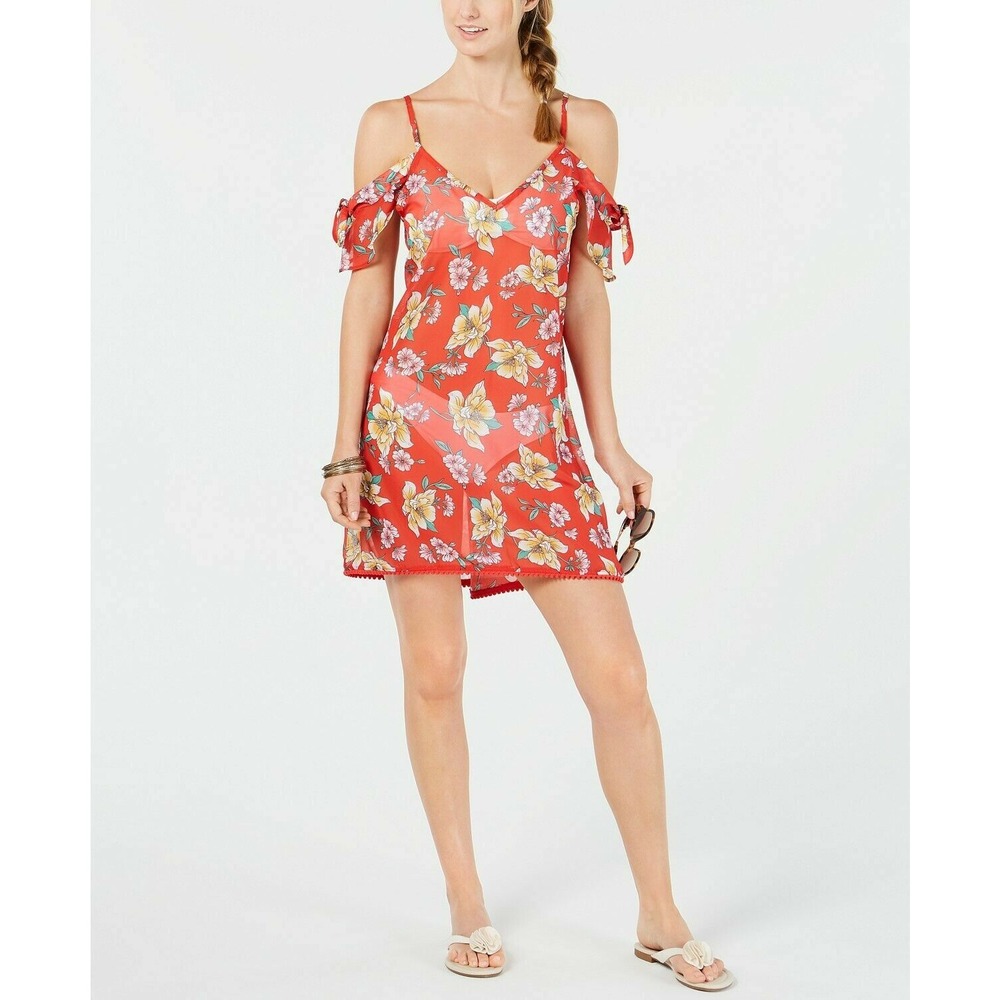 Miken Cold-Shoulder‎ Swimsuit Cover-Up Dress Size Medium Red Floral NEW